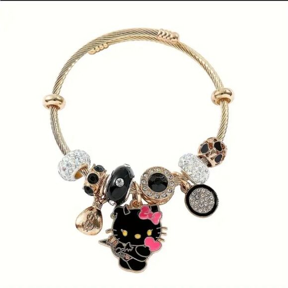 Hello Kitty Charm Pendant Black & Gold Tone Bangle Bracelet - Picture 2 of 4